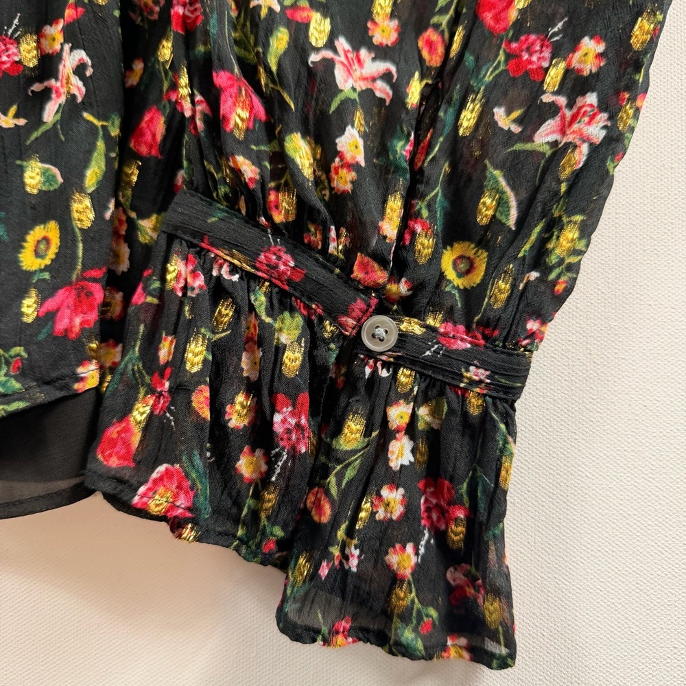 J.Crew Black Floral Gold Metallic Ruffle Blouse Large Romantic Holiday Party Top - Picture 5 of 10